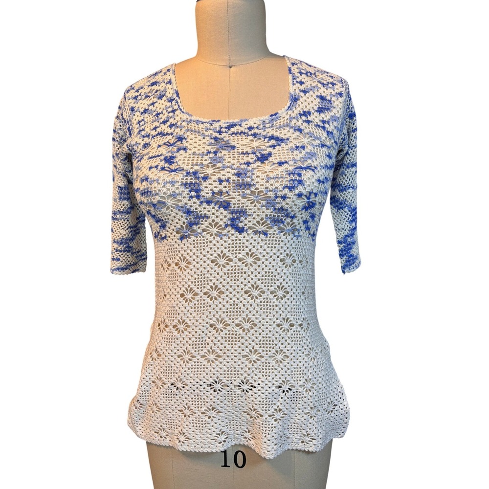 Handmade Vintage Boho Floral Crochet Knit Top Small Blue White Cream